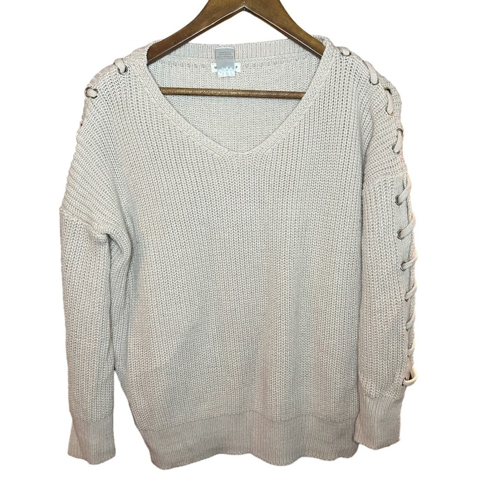 Main Strip Blush Pink Pull Over Sweater with Lace Up Sleeve Detail